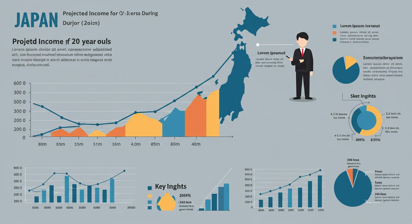 JAPAN Projetd Income 20 year oulsと書かれており日本列島とスーツを着た男性のイラストでグラフが右上に伸びており20代年収をイメージしている